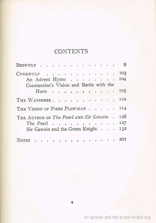 Sir Gawain and the Green Knight - Contents Page - Beowulf, Pearl, Wanderer, Cynewulf, Piers Plowman 